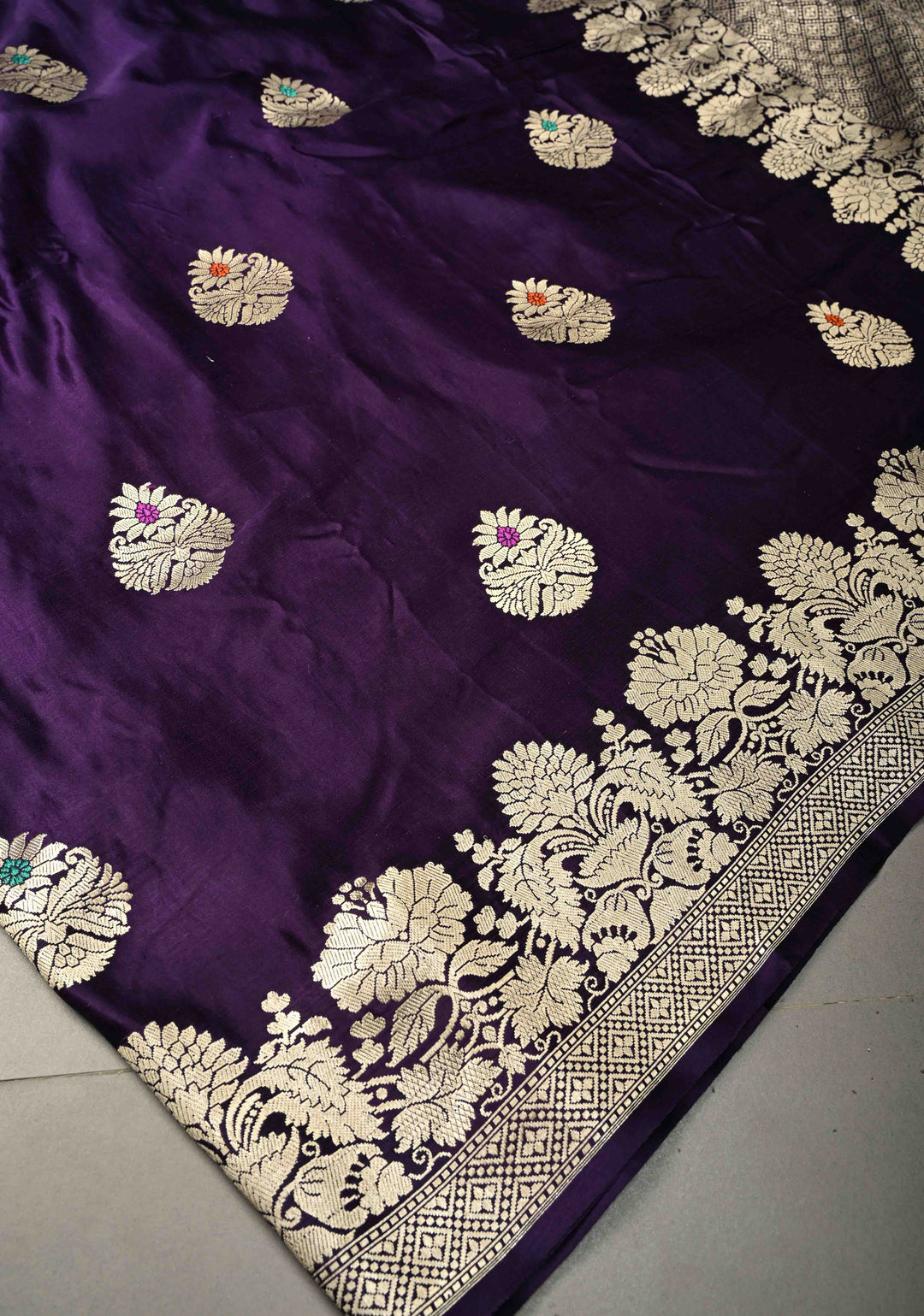 Grape Purple Pure Banarasi Mashru Silk Saree with Meenakari Floral Butta and Ornate Zari Border | SILK MARK CERTIFIED