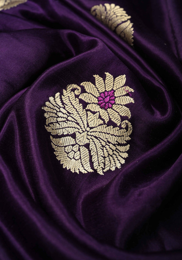Grape Purple Pure Banarasi Mashru Silk Saree with Meenakari Floral Butta and Ornate Zari Border | SILK MARK CERTIFIED