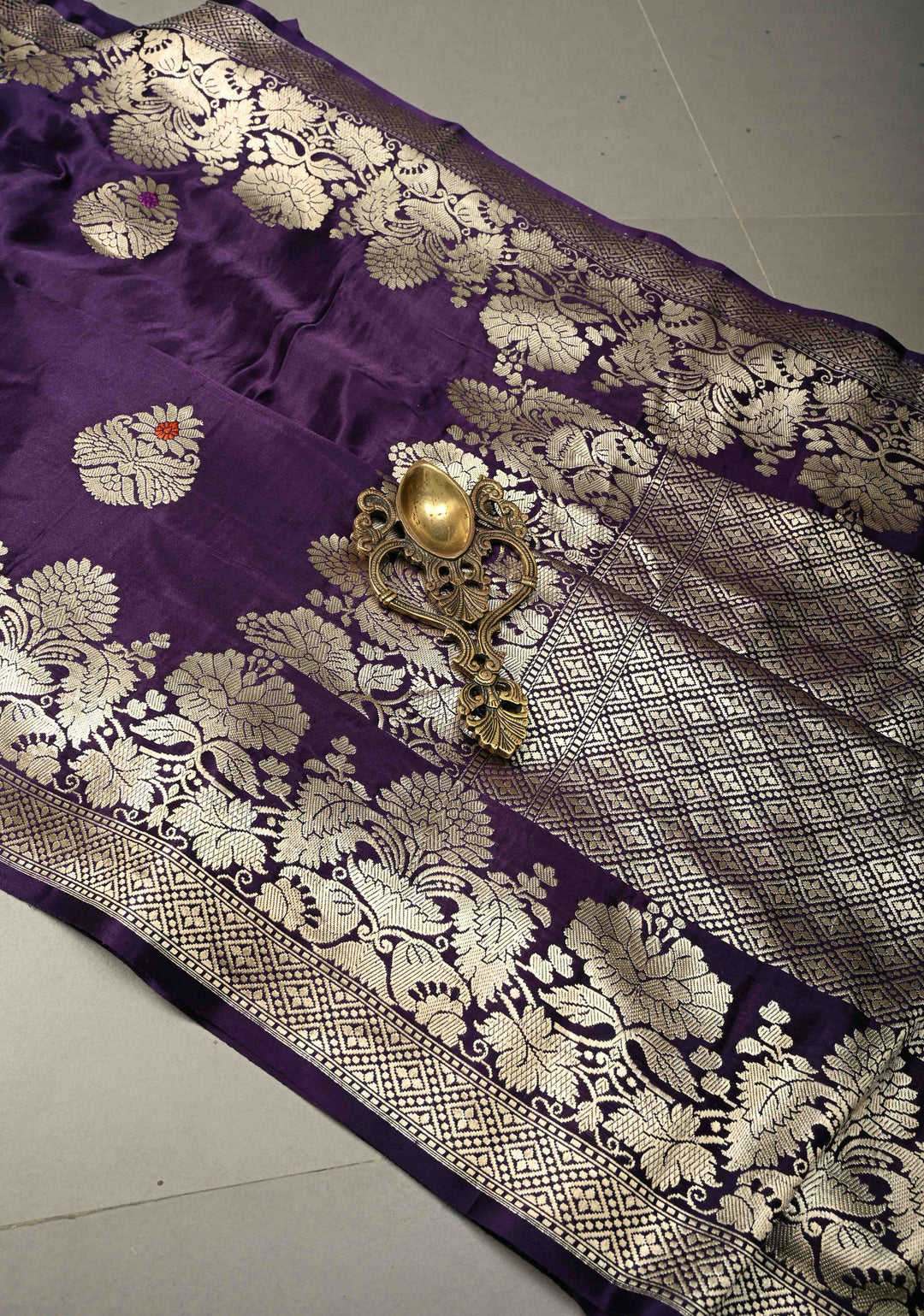 Grape Purple Pure Banarasi Mashru Silk Saree with Meenakari Floral Butta and Ornate Zari Border | SILK MARK CERTIFIED
