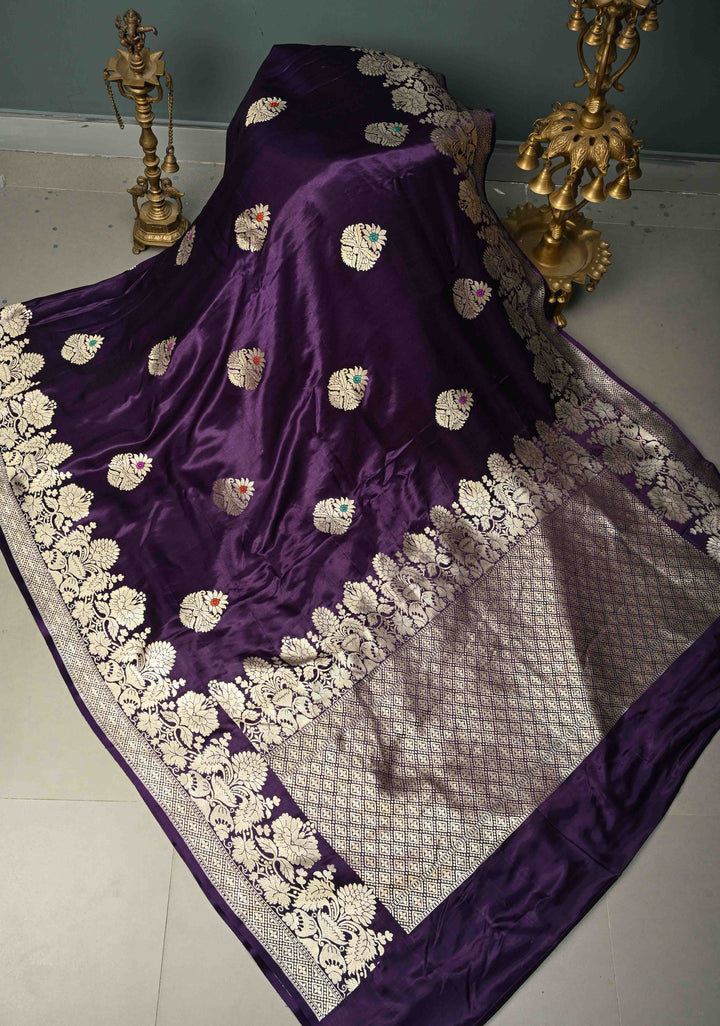 Grape Purple Pure Banarasi Mashru Silk Saree with Meenakari Floral Butta and Ornate Zari Border | SILK MARK CERTIFIED