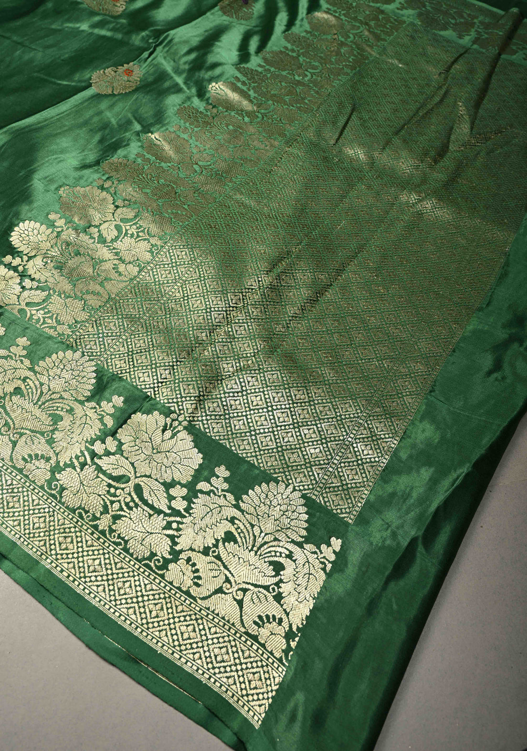 Bottle Green Pure Banarasi Mashru Silk Saree with  Meenakari Floral Butta and Zari Border | SILK MARK CERTIFIED | SHOBITAM