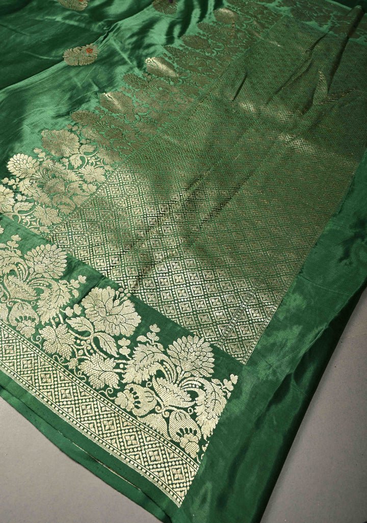 Bottle Green Pure Banarasi Mashru Silk Saree with  Meenakari Floral Butta and Zari Border | SILK MARK CERTIFIED | SHOBITAM