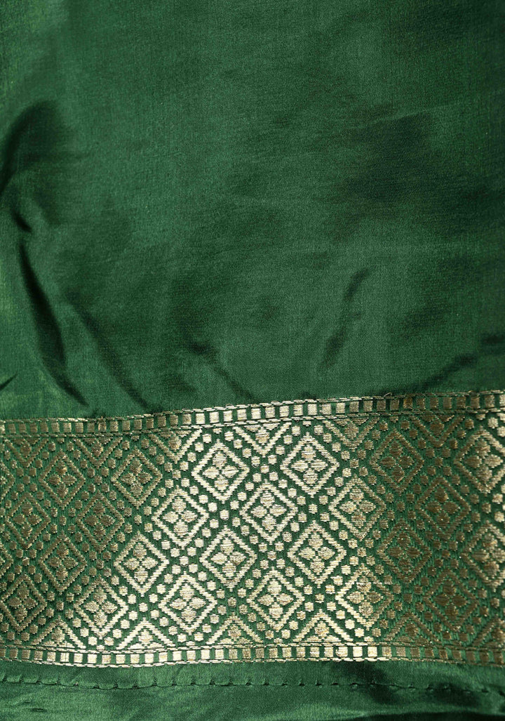 Bottle Green Pure Banarasi Mashru Silk Saree with  Meenakari Floral Butta and Zari Border | SILK MARK CERTIFIED | SHOBITAM