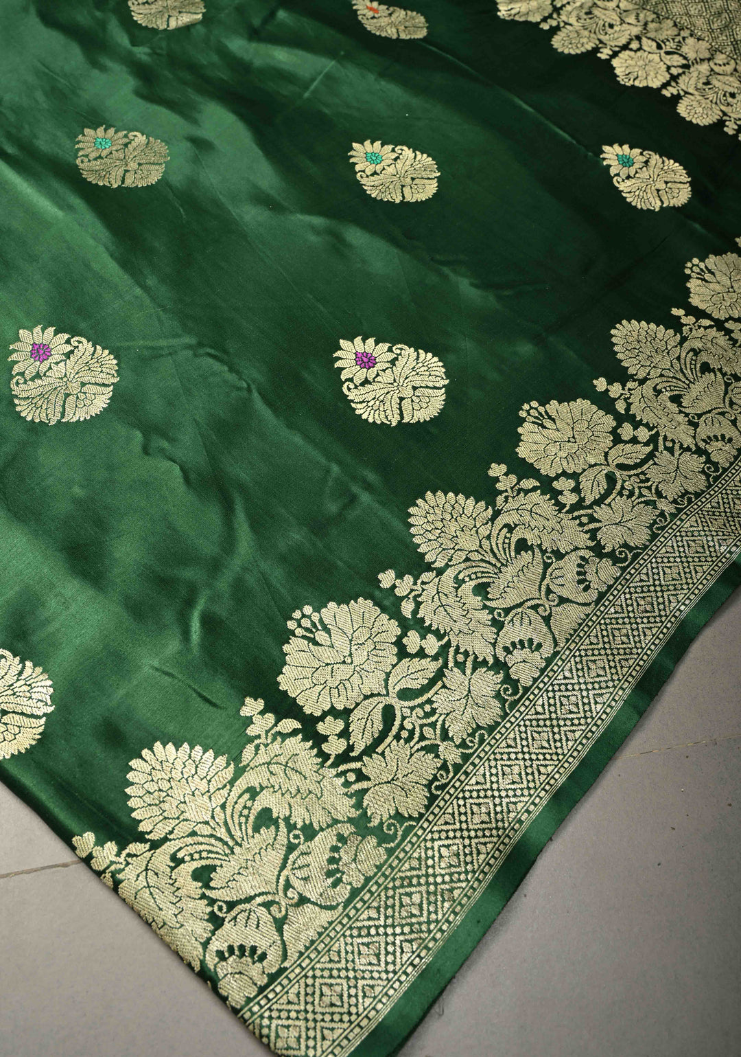 Bottle Green Pure Banarasi Mashru Silk Saree with  Meenakari Floral Butta and Zari Border | SILK MARK CERTIFIED | SHOBITAM