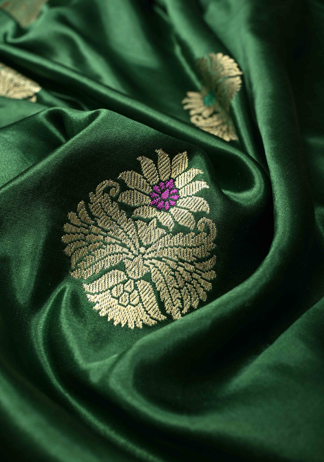 Bottle Green Pure Banarasi Mashru Silk Saree with  Meenakari Floral Butta and Zari Border | SILK MARK CERTIFIED | SHOBITAM