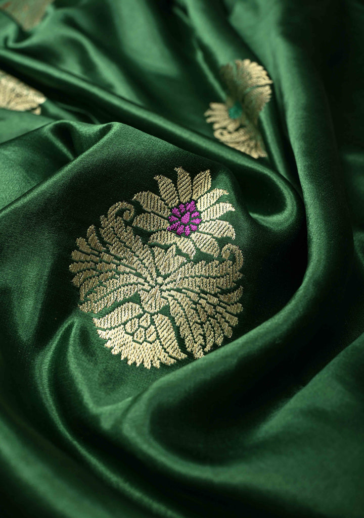 Bottle Green Pure Banarasi Mashru Silk Saree with  Meenakari Floral Butta and Zari Border | SILK MARK CERTIFIED | SHOBITAM