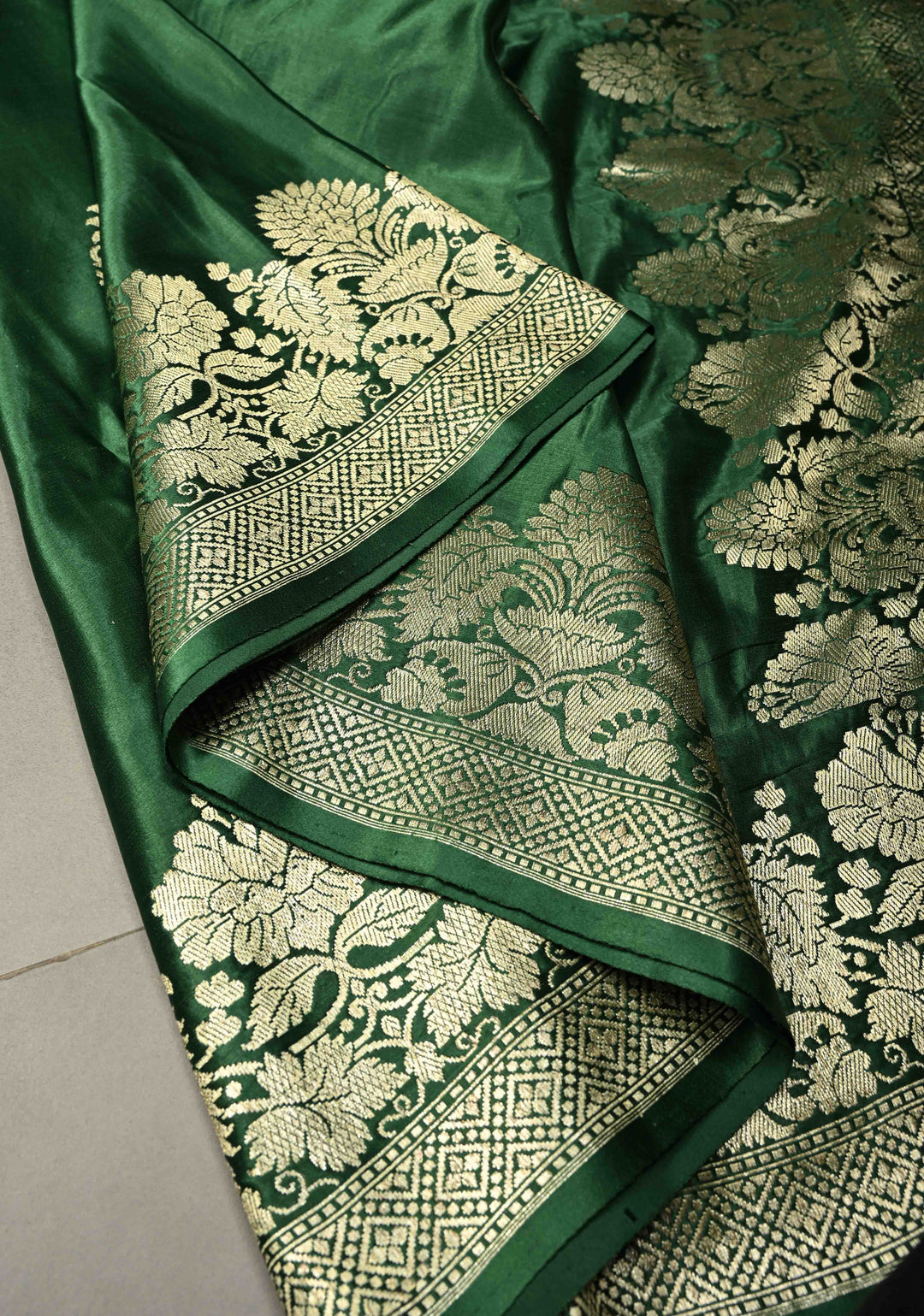 Bottle Green Pure Banarasi Mashru Silk Saree with  Meenakari Floral Butta and Zari Border | SILK MARK CERTIFIED | SHOBITAM