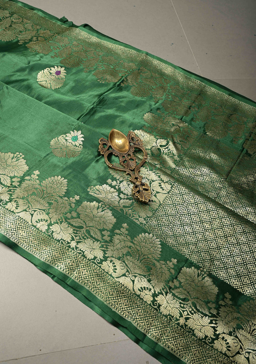 Bottle Green Pure Banarasi Mashru Silk Saree with  Meenakari Floral Butta and Zari Border | SILK MARK CERTIFIED | SHOBITAM