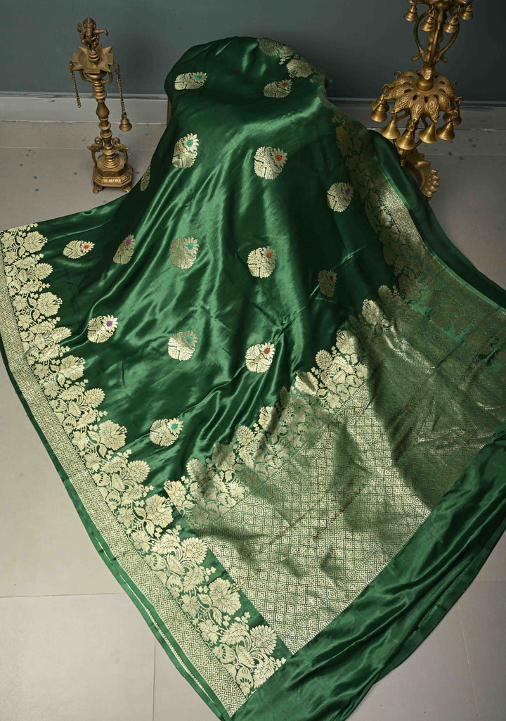 Bottle Green Pure Banarasi Mashru Silk Saree with  Meenakari Floral Butta and Zari Border | SILK MARK CERTIFIED | SHOBITAM