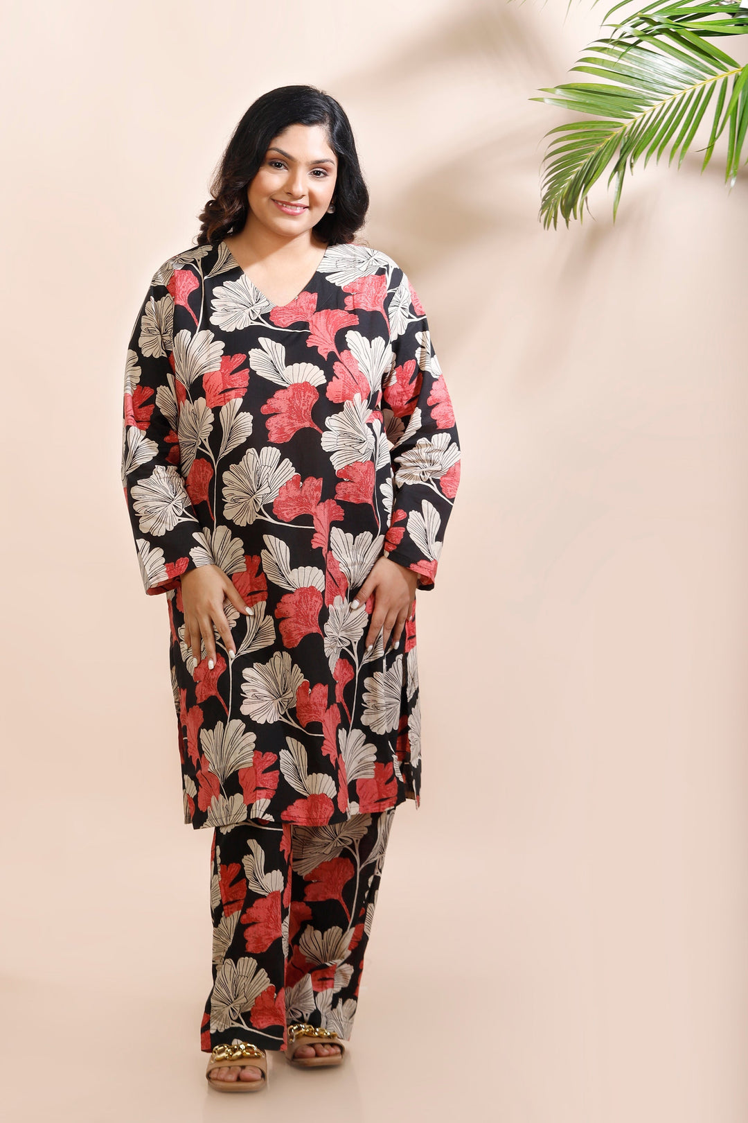 Zoey Black Cotton Floral Long Kurta Co-Ord Set | SHOBITAM