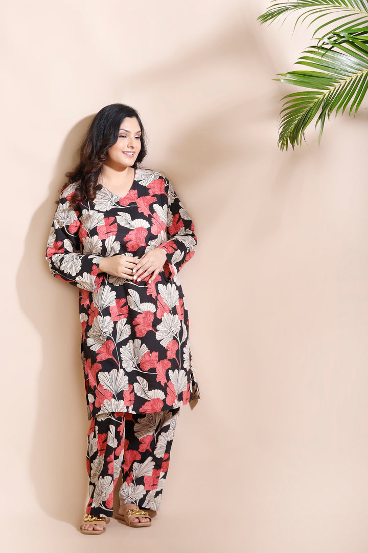 Zoey Black Cotton Floral Long Kurta Co-Ord Set | SHOBITAM