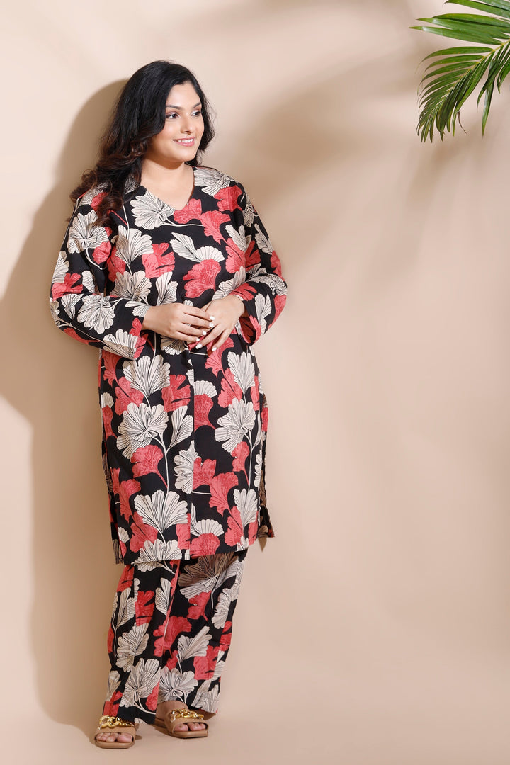 Zoey Black Cotton Floral Long Kurta Co-Ord Set | SHOBITAM