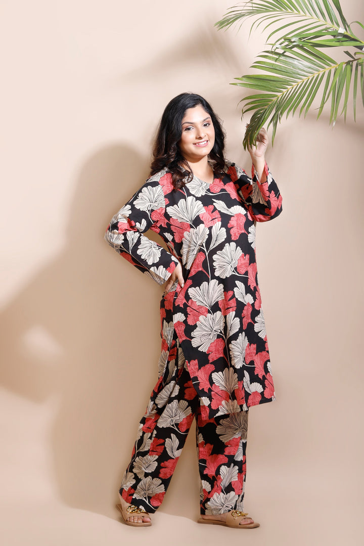 Zoey Black Cotton Floral Long Kurta Co-Ord Set | SHOBITAM