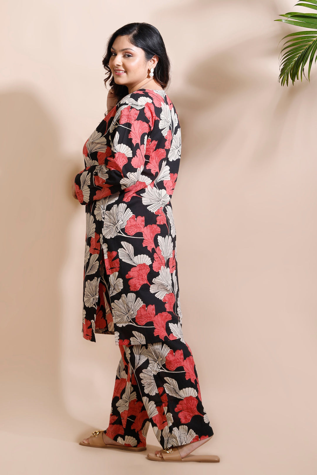 Zoey Black Cotton Floral Long Kurta Co-Ord Set | SHOBITAM