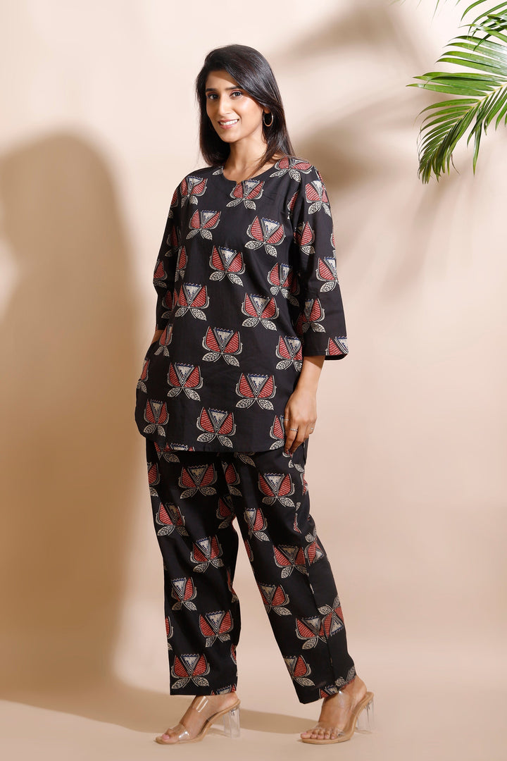 Raabta Black With Butta Cotton Loungewear Co-Ord Set | SHOBITAM