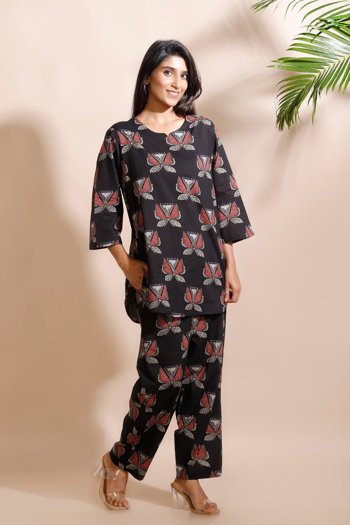 Raabta Black With Butta Cotton Loungewear Co-Ord Set | SHOBITAM