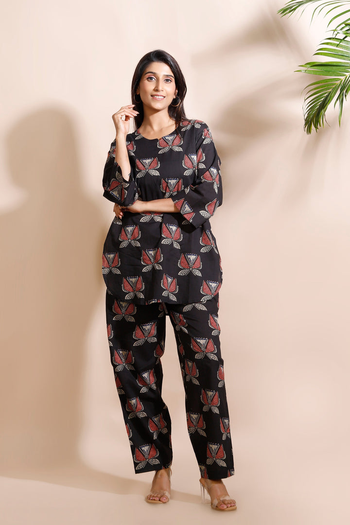 Raabta Black With Butta Cotton Loungewear Co-Ord Set | SHOBITAM