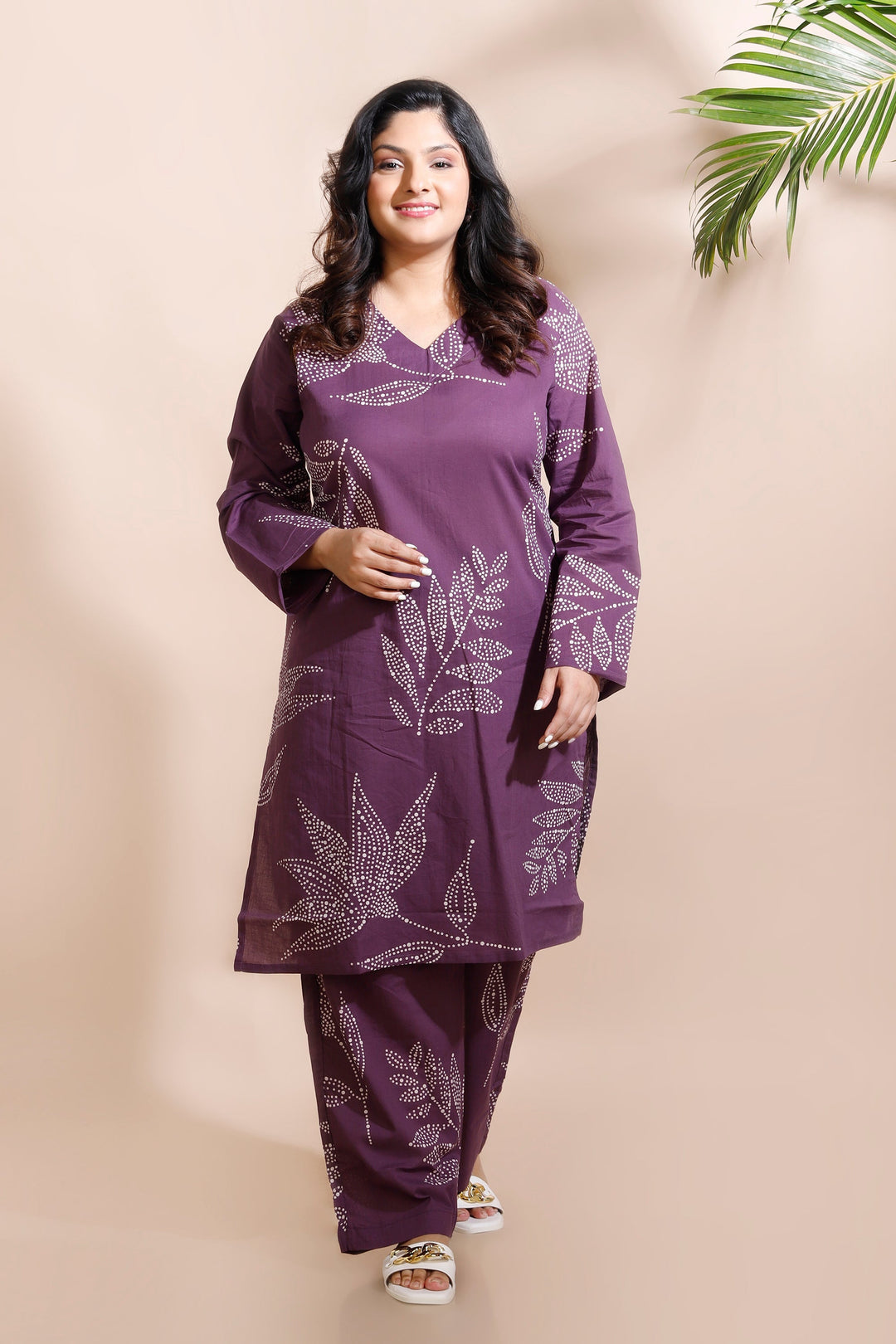 Violet Leaves Cotton Abstract Print Long Kurta Co-ord Set | SHOBITAM