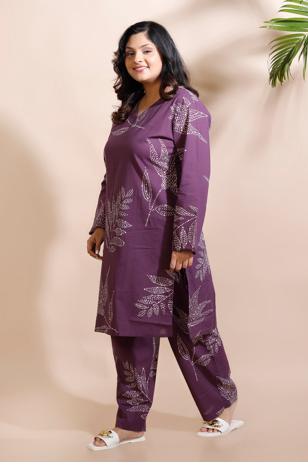 Violet Leaves Cotton Abstract Print Long Kurta Co-ord Set | SHOBITAM