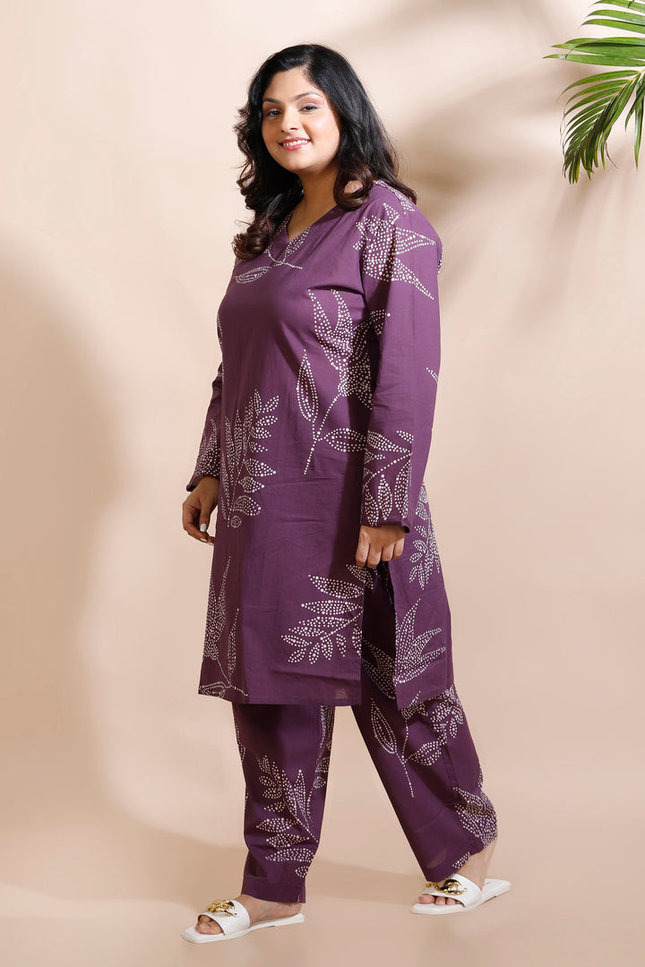 Violet Leaves Cotton Abstract Print Long Kurta Co-ord Set | SHOBITAM