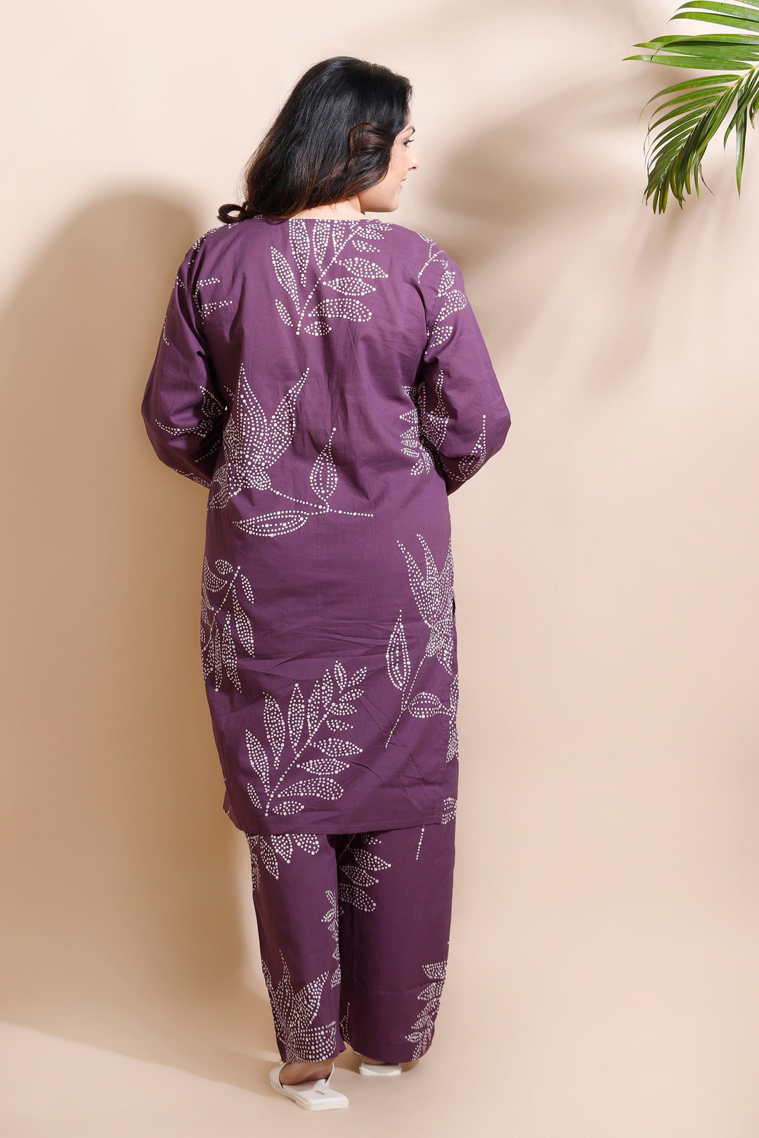 Violet Leaves Cotton Abstract Print Long Kurta Co-ord Set | SHOBITAM