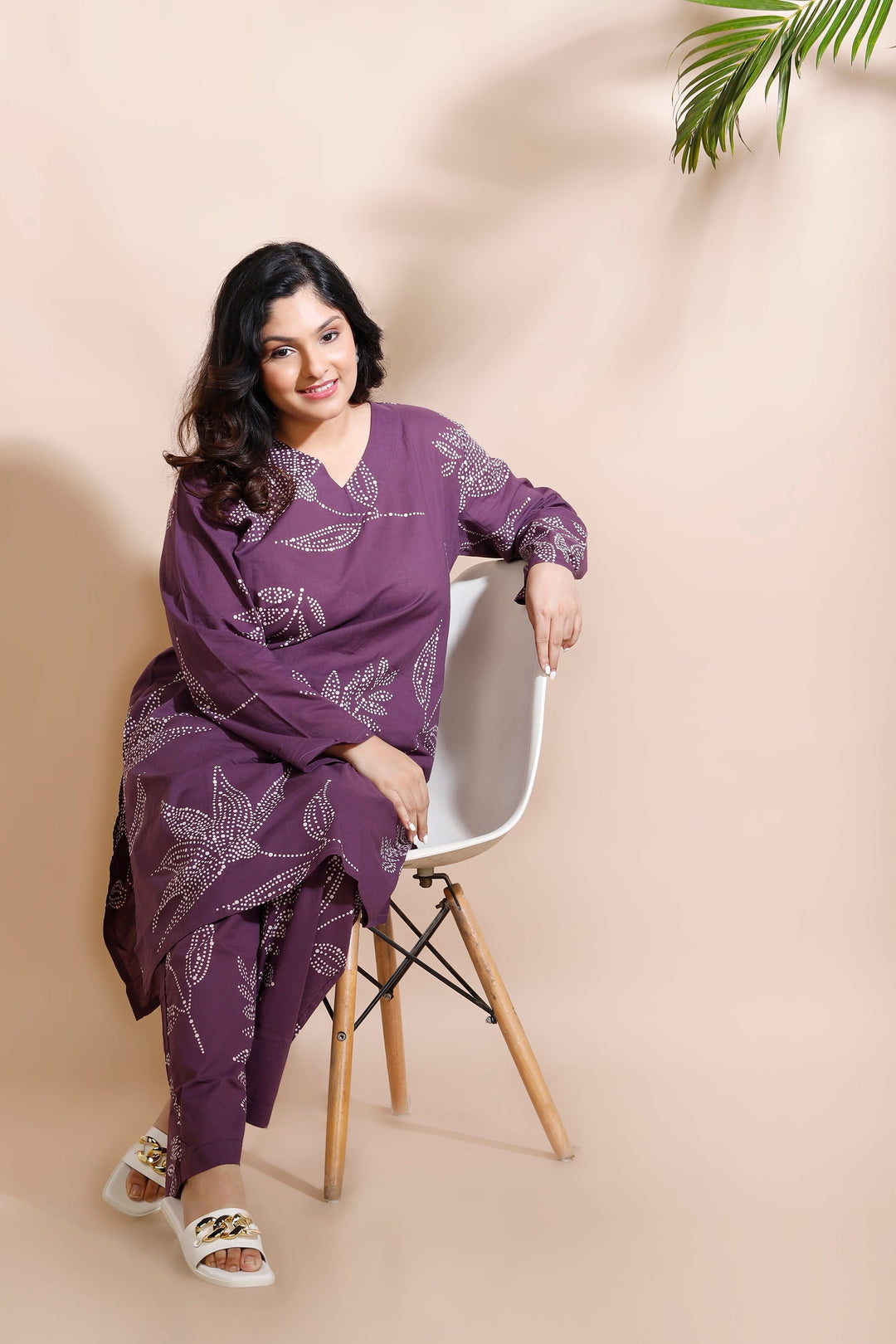 Violet Leaves Cotton Abstract Print Long Kurta Co-ord Set | SHOBITAM
