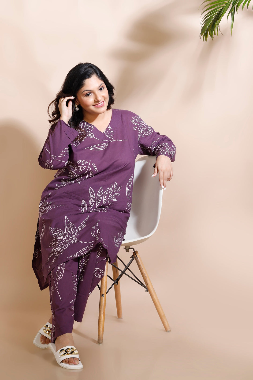Violet Leaves Cotton Abstract Print Long Kurta Co-ord Set | SHOBITAM