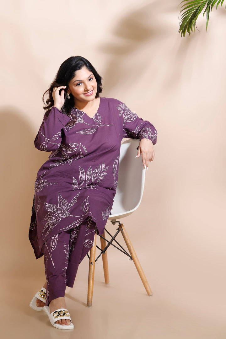 Violet Leaves Cotton Abstract Print Long Kurta Co-ord Set | SHOBITAM