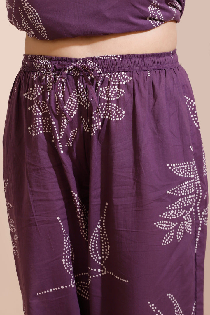 Violet Leaves Cotton Abstract Print Long Kurta Co-ord Set | SHOBITAM