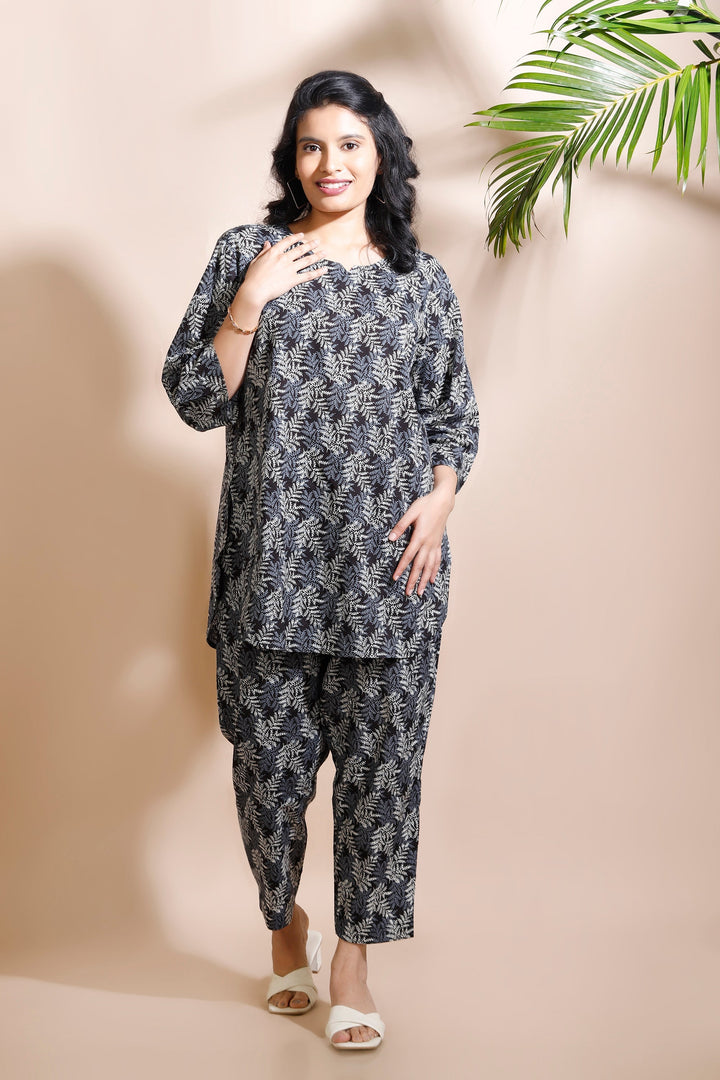 Orion Black Cotton Abstract Print Loungewear Co-ord Set | SHOBITAM