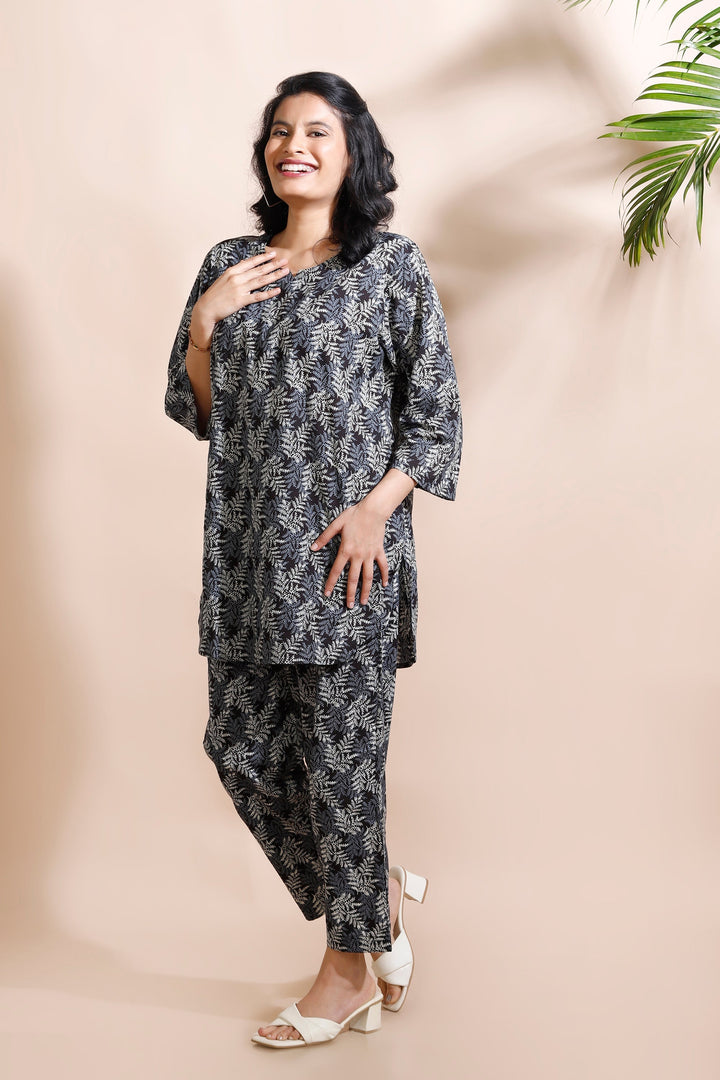 Orion Black Cotton Abstract Print Loungewear Co-ord Set | SHOBITAM