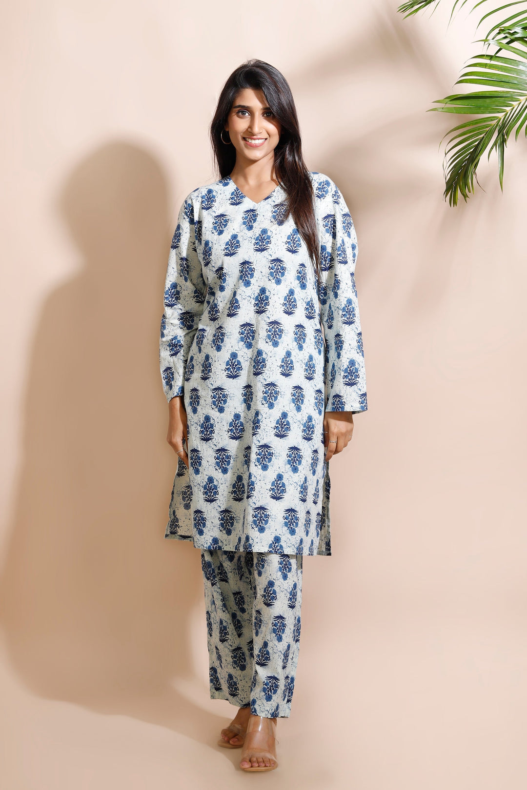 Nayara Cream Cotton Indian Motif Butta Loungewear Co-ord Set | SHOBITAM