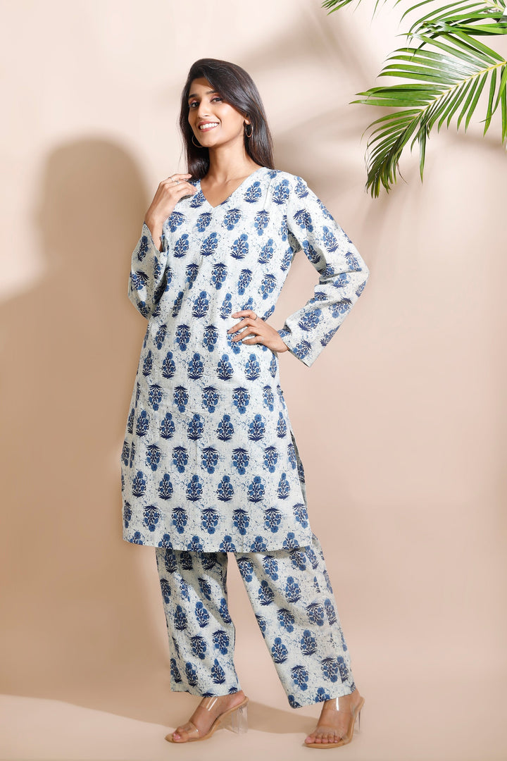 Nayara Cream Cotton Indian Motif Butta Loungewear Co-ord Set | SHOBITAM