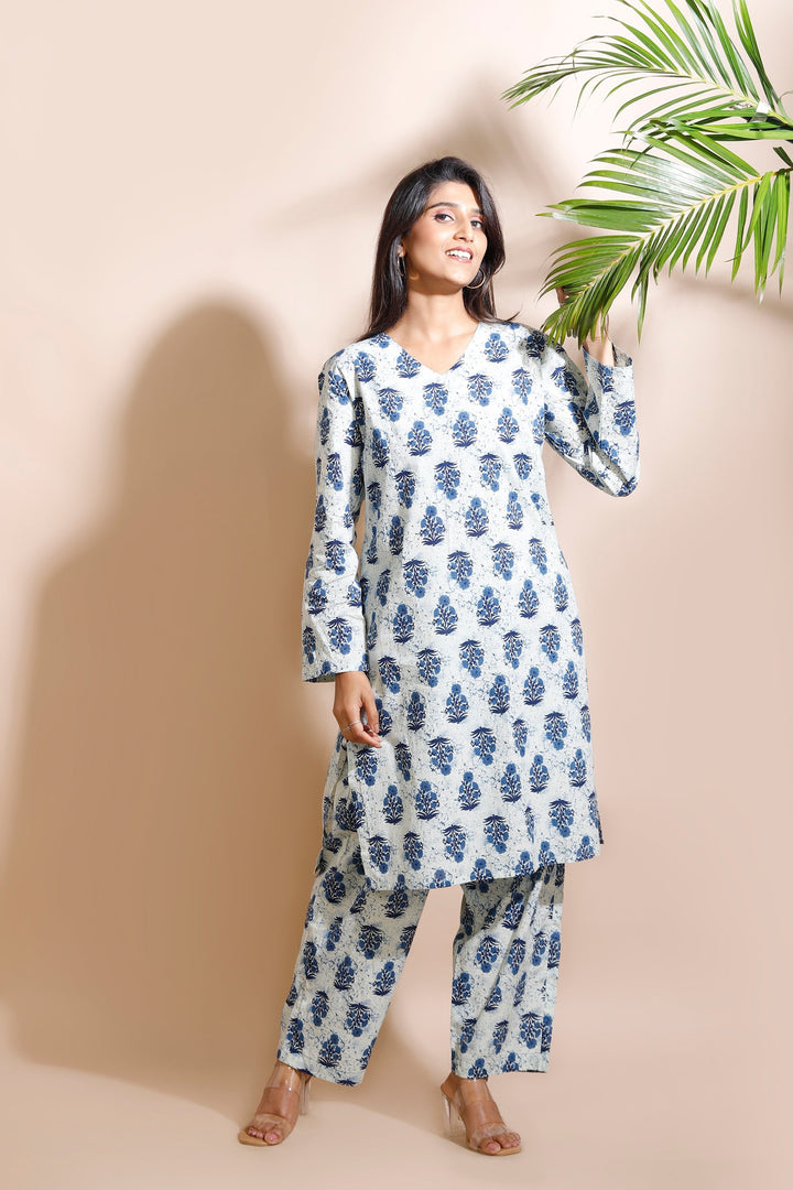 Nayara Cream Cotton Indian Motif Butta Loungewear Co-ord Set | SHOBITAM