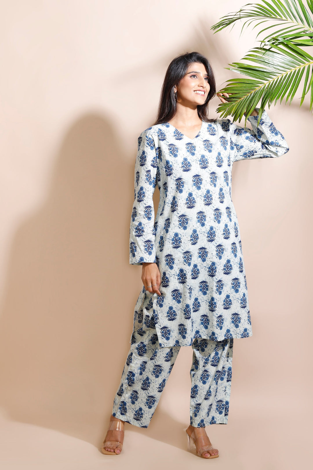 Nayara Cream Cotton Indian Motif Butta Loungewear Co-ord Set | SHOBITAM