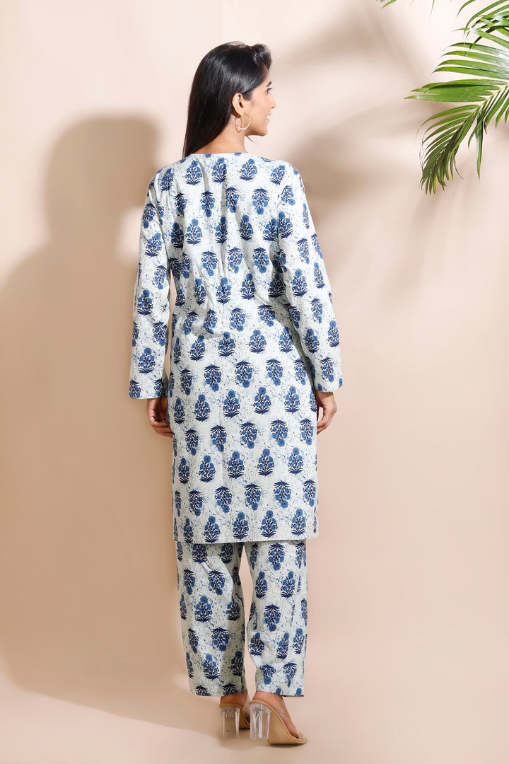 Nayara Cream Cotton Indian Motif Butta Loungewear Co-ord Set | SHOBITAM