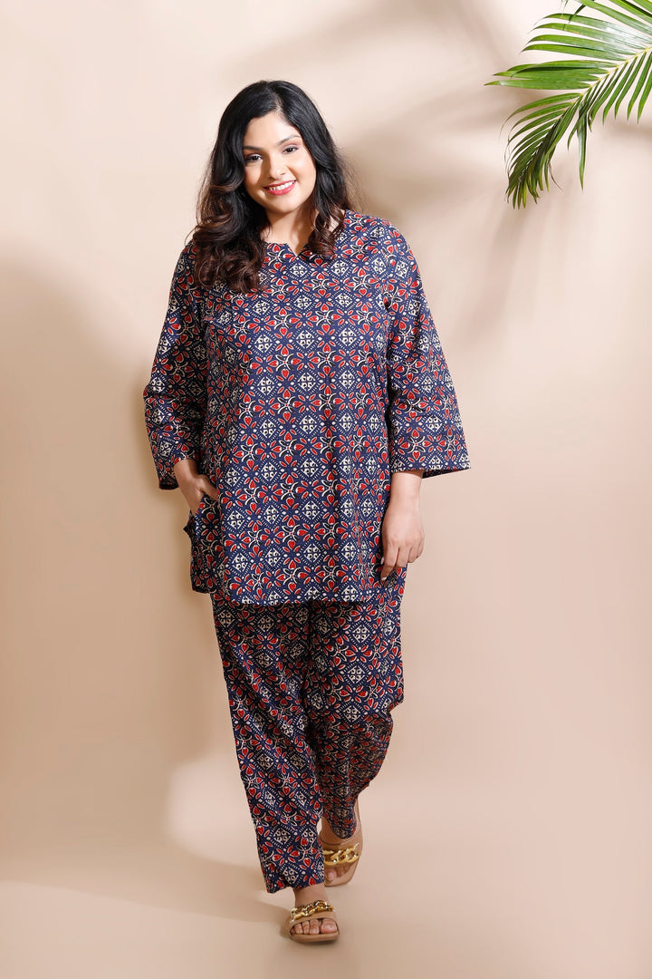 Mrignayani Blue Cotton Geometric Print Loungewear Co-ord Set | SHOBITAM