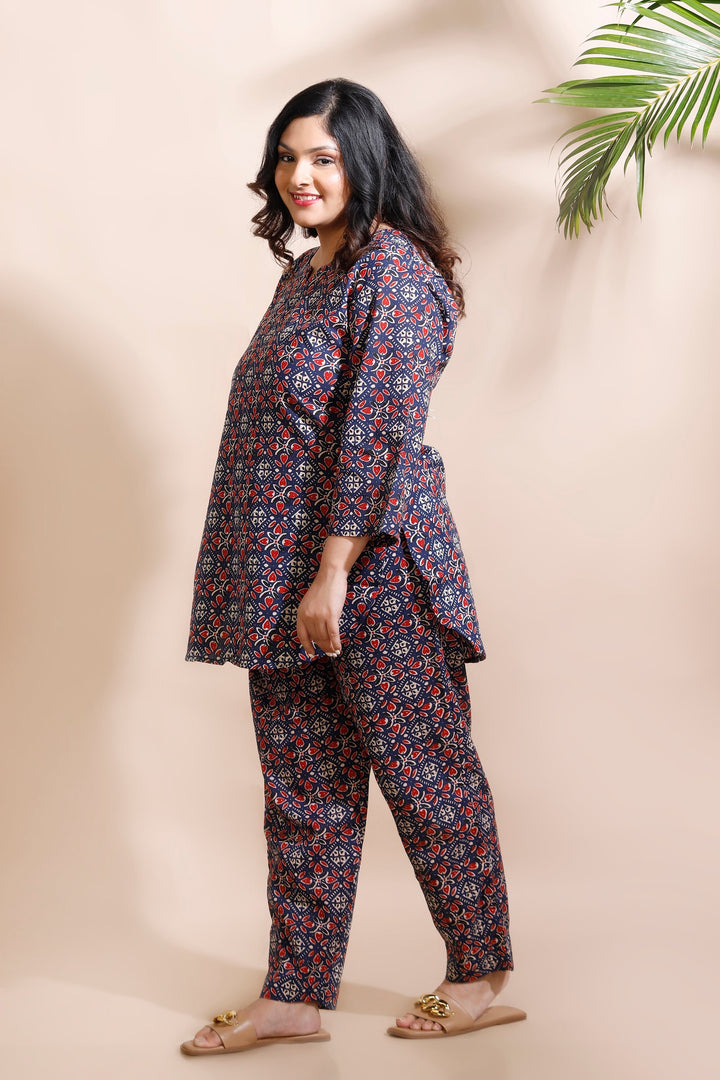 Mrignayani Blue Cotton Geometric Print Loungewear Co-ord Set | SHOBITAM