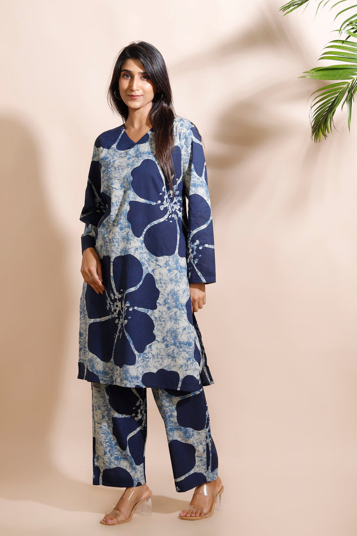 Zarina Blue Floral Print Cotton Long Kurta Co-ord Set | SHOBITAM