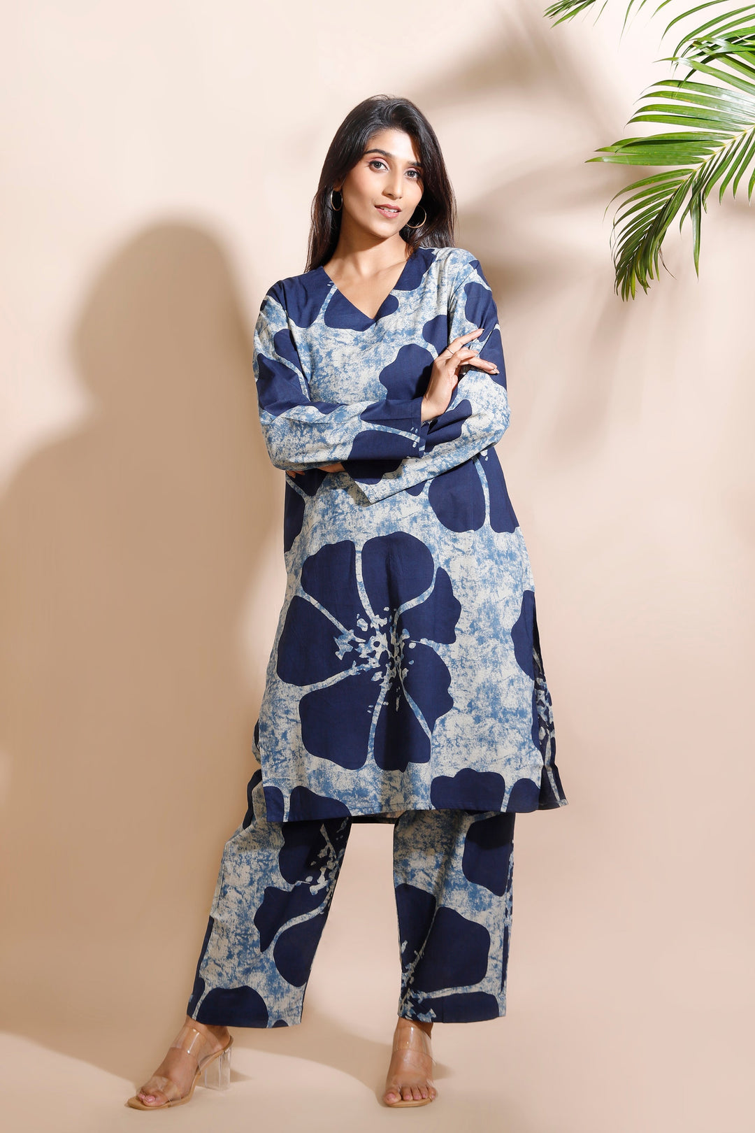 Zarina Blue Floral Print Cotton Long Kurta Co-ord Set | SHOBITAM