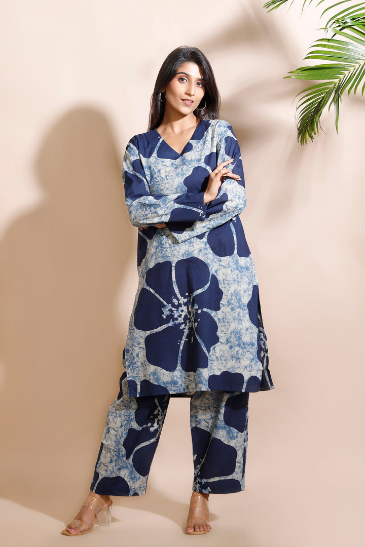 Zarina Blue Floral Print Cotton Long Kurta Co-ord Set | SHOBITAM