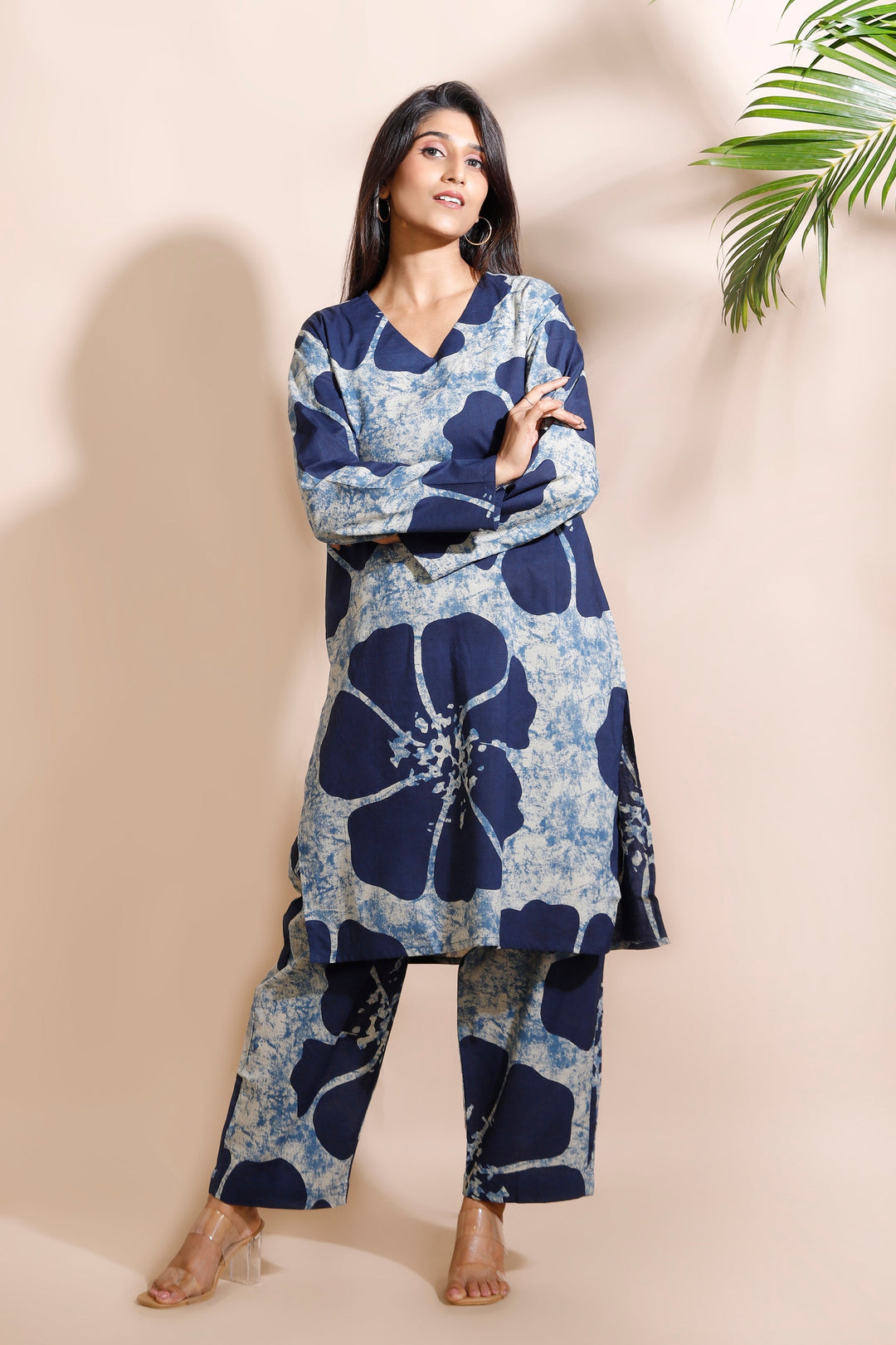 Zarina Blue Floral Print Cotton Long Kurta Co-ord Set | SHOBITAM