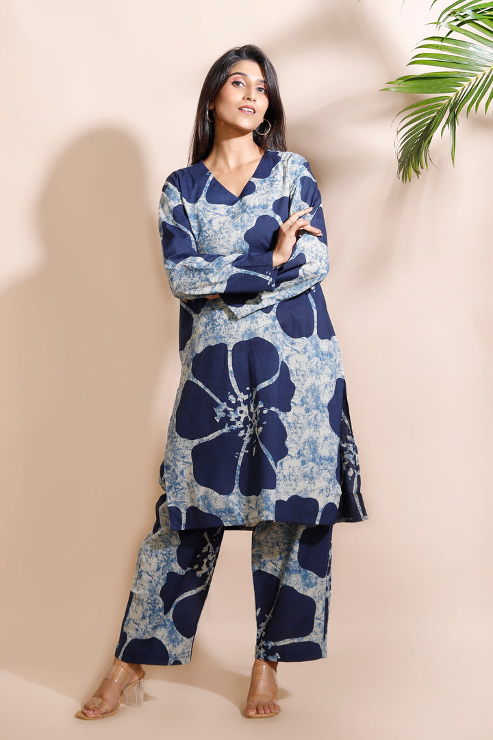 Zarina Blue Floral Print Cotton Long Kurta Co-ord Set | SHOBITAM