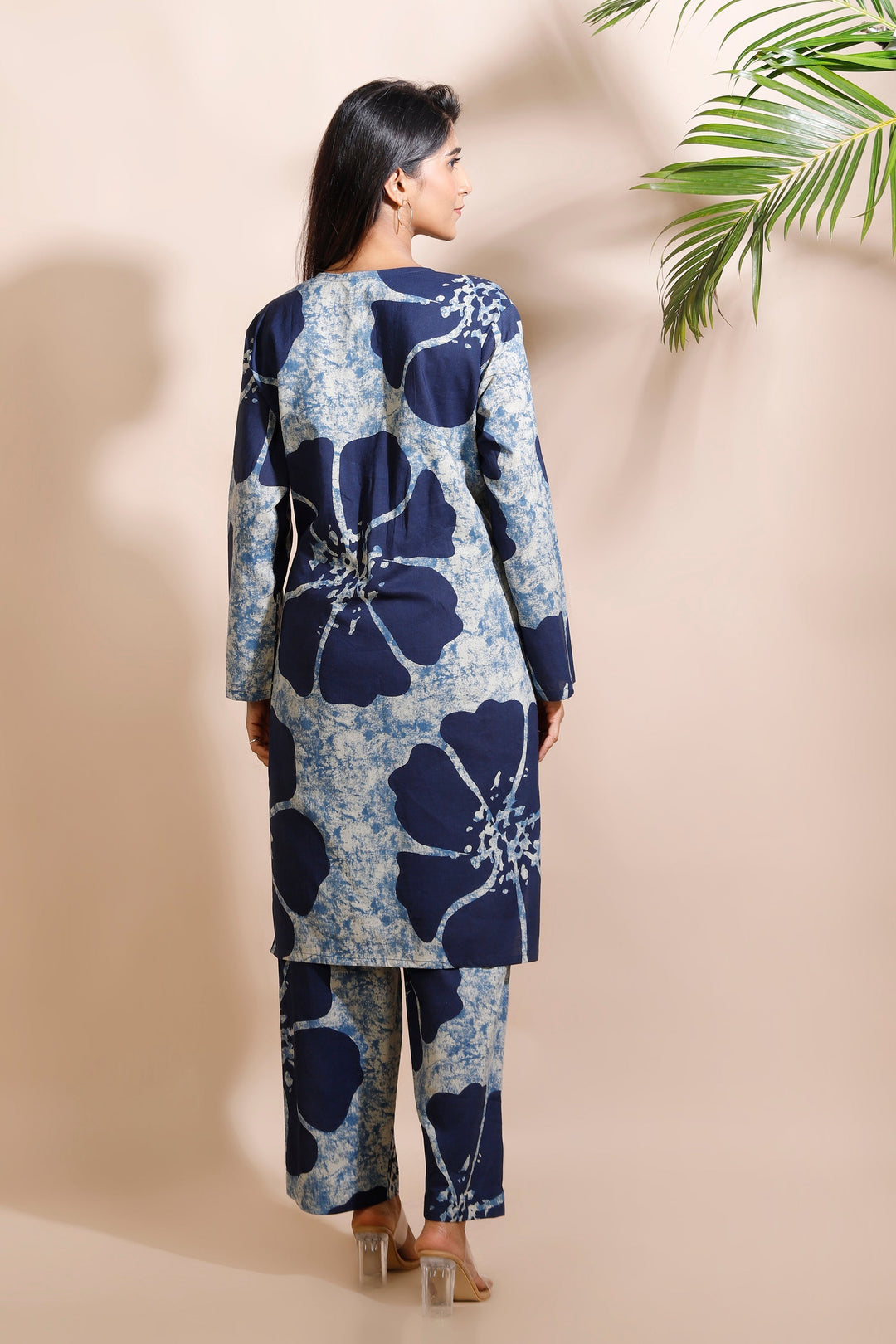 Zarina Blue Floral Print Cotton Long Kurta Co-ord Set | SHOBITAM