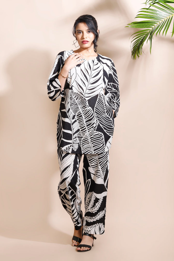 Sufi Black Cotton Nature Print Loungewear Co-ord Set | SHOBITAM