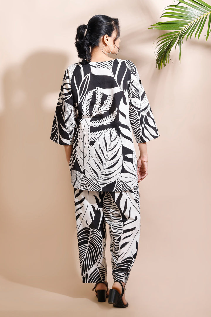 Sufi Black Cotton Nature Print Loungewear Co-ord Set | SHOBITAM