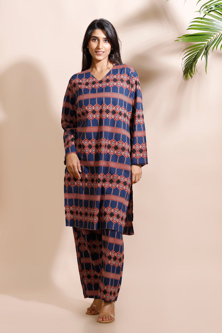 Astra Blue Geometric Print Cotton Long Kurta Co-ord Set | SHOBITAM