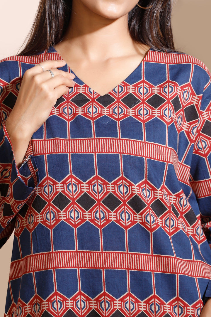 Astra Blue Geometric Print Cotton Long Kurta Co-ord Set | SHOBITAM