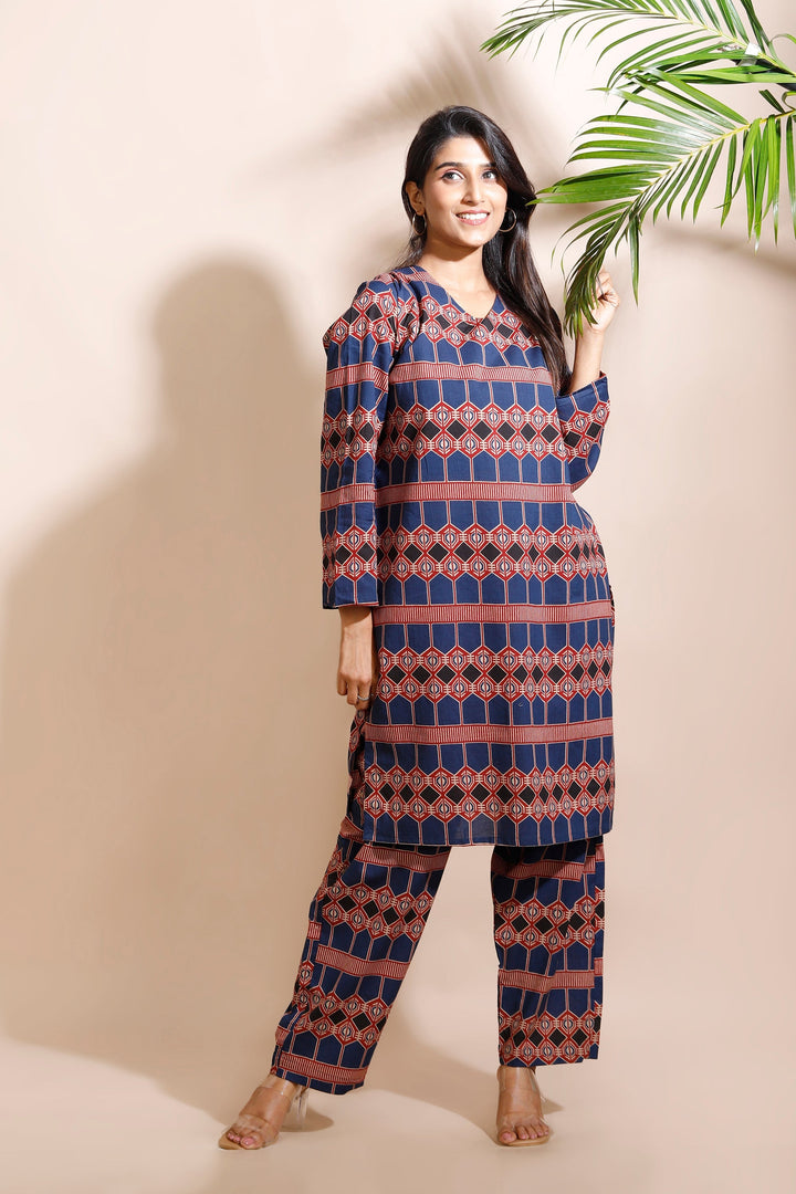 Astra Blue Geometric Print Cotton Long Kurta Co-ord Set | SHOBITAM