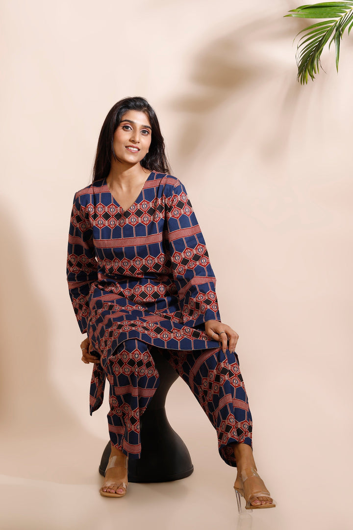 Astra Blue Geometric Print Cotton Long Kurta Co-ord Set | SHOBITAM